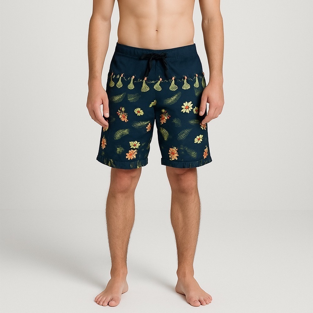 Solitude Men’s Blue Hawaiian Board Shorts Size 30 Tropical Floral Polynesian